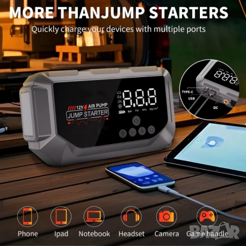 Комбиниран Jump Starter (бичѐ), 12000 mAh, Power Bank, 150 PSI компресор и LED фенер , снимка 7 - Аксесоари и консумативи - 53179776