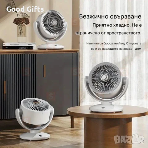 USB Безжичен вентилатор за въздушна циркулация – Ротация 360°, настолен/стенен монтаж, с осветление , снимка 3 - Други стоки за дома - 51061388