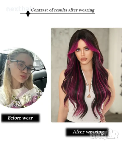 Ефектна черна перука с розово цилама кичури с дълъг бретон, снимка 7 - Аксесоари за коса - 51313913