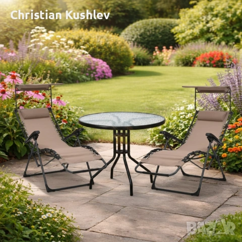 Комплект за релаксация на открито: 2 сгъваеми шезлонга с нулева гравитация CHAIR3 и стилна масичка з, снимка 6 - Други - 53275106