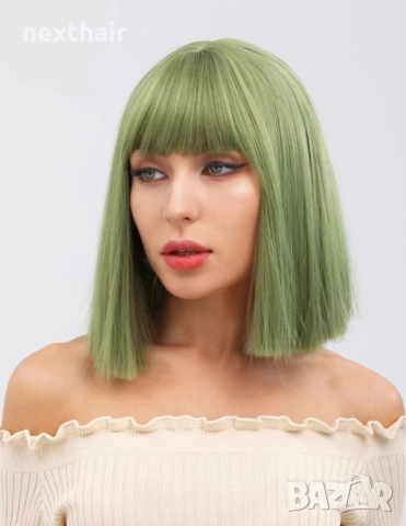 Къса зелена перука с бретон, снимка 4 - Аксесоари за коса - 51823131