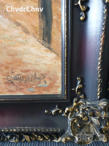 150х89см/стара голяма картина масло върху платно/испанско село-каменни къщи/барокова дървена рамка, снимка 10 - Картини - 50978446