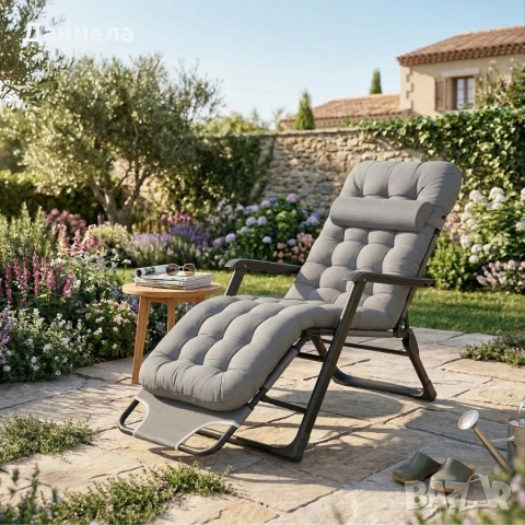 Сгъваем градински шезлонг с мека ватирана възглавница, регулируема облегалка и метална рамка, снимка 5 - Градински мебели, декорация  - 53891586