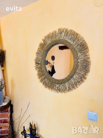 🌿Дизайнерско огледало от рафия – ръчно изработен бохо акцент за уютен и модерен дом, снимка 4 - Огледала - 53881746