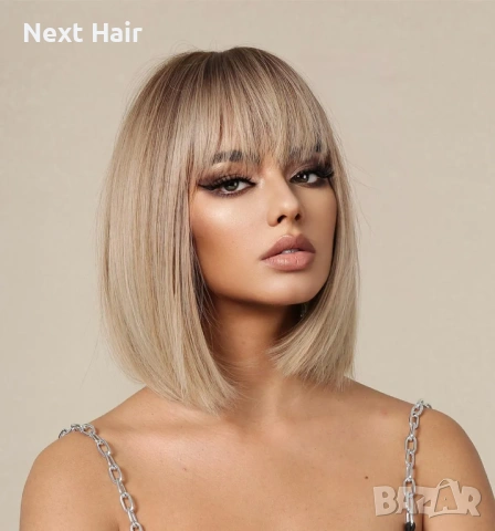 Пепеляво руса перука 35 см с тъмни корени и бретон, снимка 3 - Аксесоари за коса - 53454414