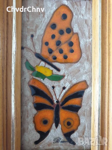 Малка авторска керамична картина с емайл/пеперуди/дървена рамка 20х12см, снимка 2 - Картини - 51357720