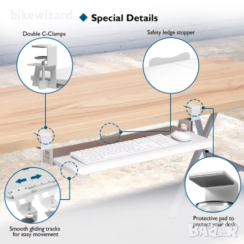 BONTEC Поставка за клавиатура под бюро, ергономично издърпващо се чекмедже – бяло 650x300 мм НОВА, снимка 2 - Бюра - 53661613