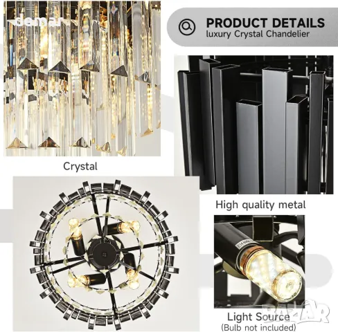 Модерен кристален полилей AOOCHOK, черен, E27 x 3, D40 см, снимка 6 - Полилеи - 47859799