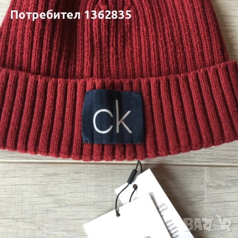 НОВА унисекс памучна червена зимна плетена шапка CALVIN KLEIN от САЩ, снимка 2 - Шапки - 53505008
