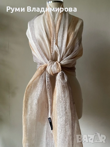 Бежов шал Zara от лен, снимка 4 - Шалове - 52770415