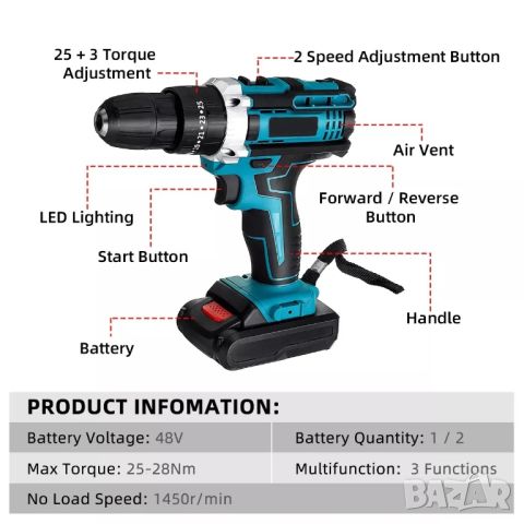 Акумулаторна ръчна бормашина винтоверт с две батерии 48V, снимка 3 - Винтоверти - 46601404