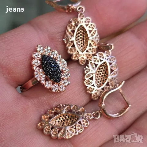 Сребърен комплект пръстен, обеци и висулка с розово покритие 175118, снимка 4 - Колиета, медальони, синджири - 50325794