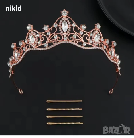 3 Цвята елегантна дамска детска корона тиара метална за глава и торта украса, снимка 5 - Аксесоари за коса - 50603160