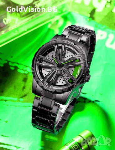 BINBOND Wheel Black Green – мъжки спортен часовник с въртяща джанта, снимка 4 - Мъжки - 54247488