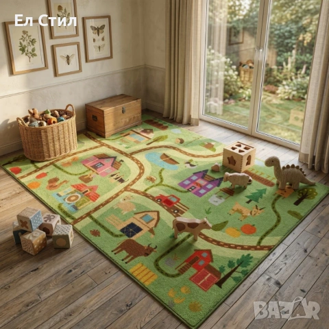Детски килим за игра 120х160см - Светлозелен килим с ферма и животни, противоплъзгащ и миещ се, снимка 4 - Други - 53928202
