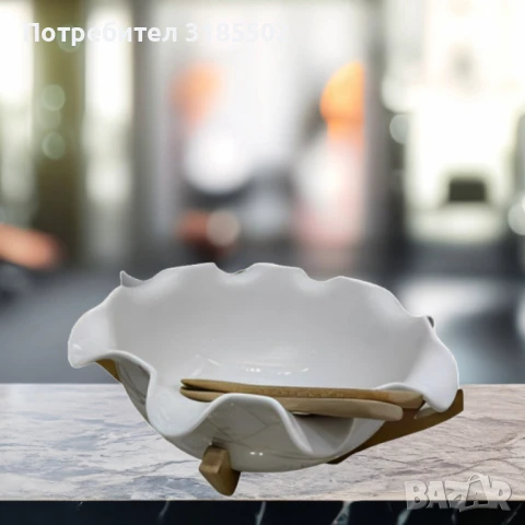 Керамична купа с дървена стойка и прибори за сервиране, снимка 3 - Прибори за хранене, готвене и сервиране - 51420566