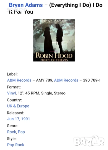 Предлагам ви големия хит на Браян Адамс от филма Робинсън Худ на плоча-макси сингъл:  Bryan Adams ‎–, снимка 3 - Грамофонни плочи - 51840695