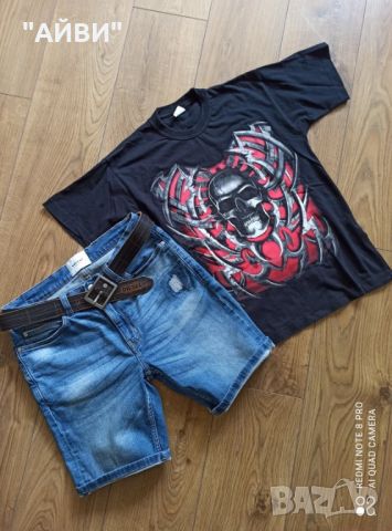 Маркови еластични къси дънки и жестока тениска ръст 164, снимка 2 - Детски къси панталони - 45420792