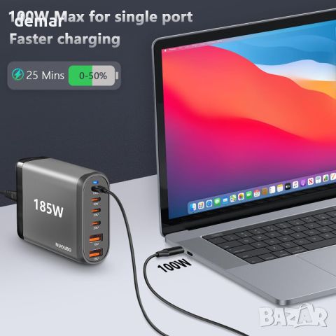 USB C зарядно устройство, NUOUBO 185W GaN 6 порта, 4 USB C+2 USB A, снимка 2 - Друга електроника - 45115010